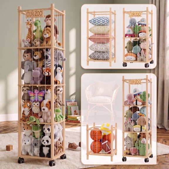 BrooveWave Wooden Stuffed Animal Storage, Adjustable 1–4 Tier Stuffed Animal Organizer with Wheels, Natural PineWood Toy Storage,Plushies Storage for Kidroom,Playroom,Bedrooms & Toddler Room
