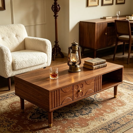 siu want Modern Coffee Table with Storage, 47.2" Mid Century Retro Design with Geometric Carved Drawers for Living Room Home Décor