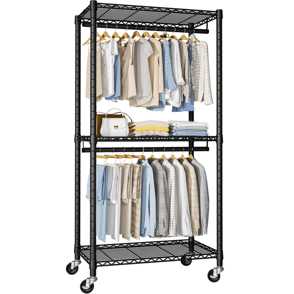 FUTASSI Heavy-Duty Portable Closet with Shelves and Double Rods, Rolling Garment Rack for Hanging Clothes, Black