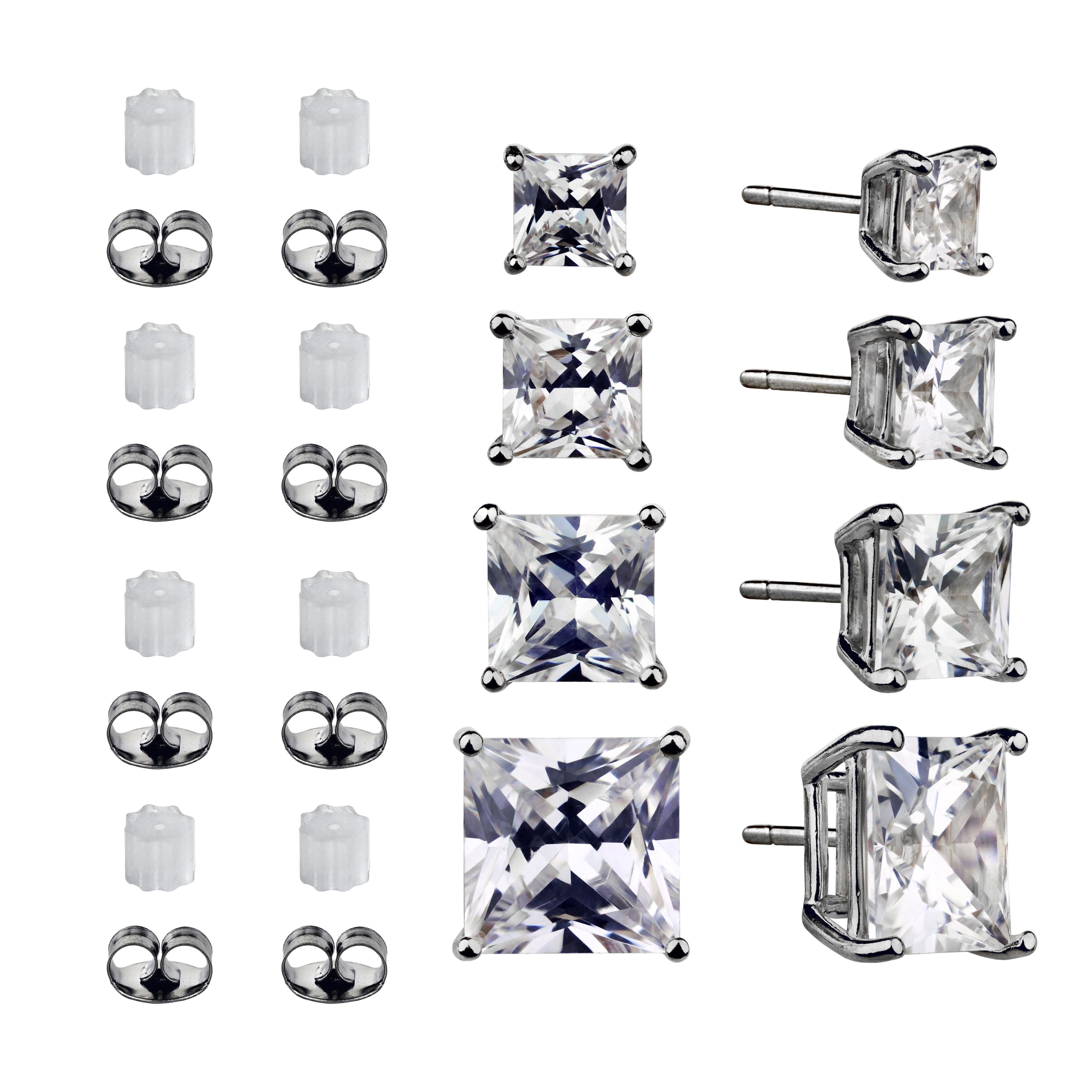 Brilliance Fine Jewelry Women's Simulated Diamond 4 Pair Square Earrings in Sterling Silver