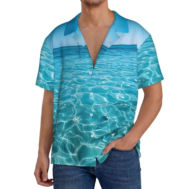 Balery Crystal Clear Ocean Waves Camisa Casual de Manga Corta con Botones para Hombre, Texturizada, Estilo Cubano, para Playa, Verano-Medium