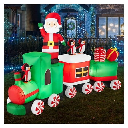 8.5 x 5ft Lighted Inflatable Christmas Train & Animated Santa, Large Outdoor Holiday Decor w/, Penguins, Candy Cane Wheels, Gifts