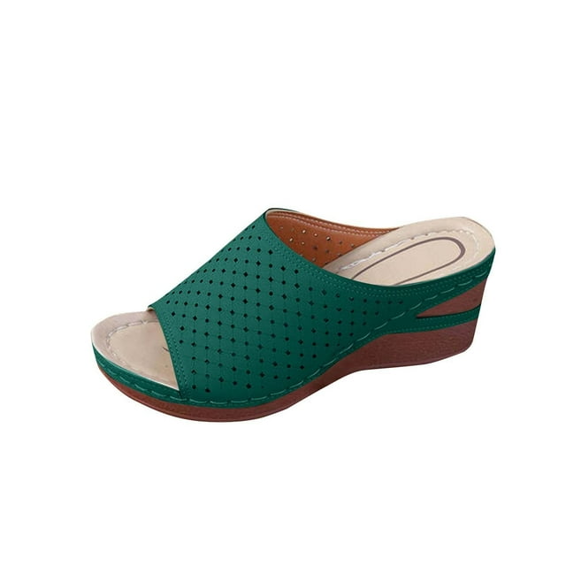Green Feminine Casual Versatile Fish Mouth Hollow Sandals For Spring Summer Style Fashionable Wedge Heel For Easy Wear
