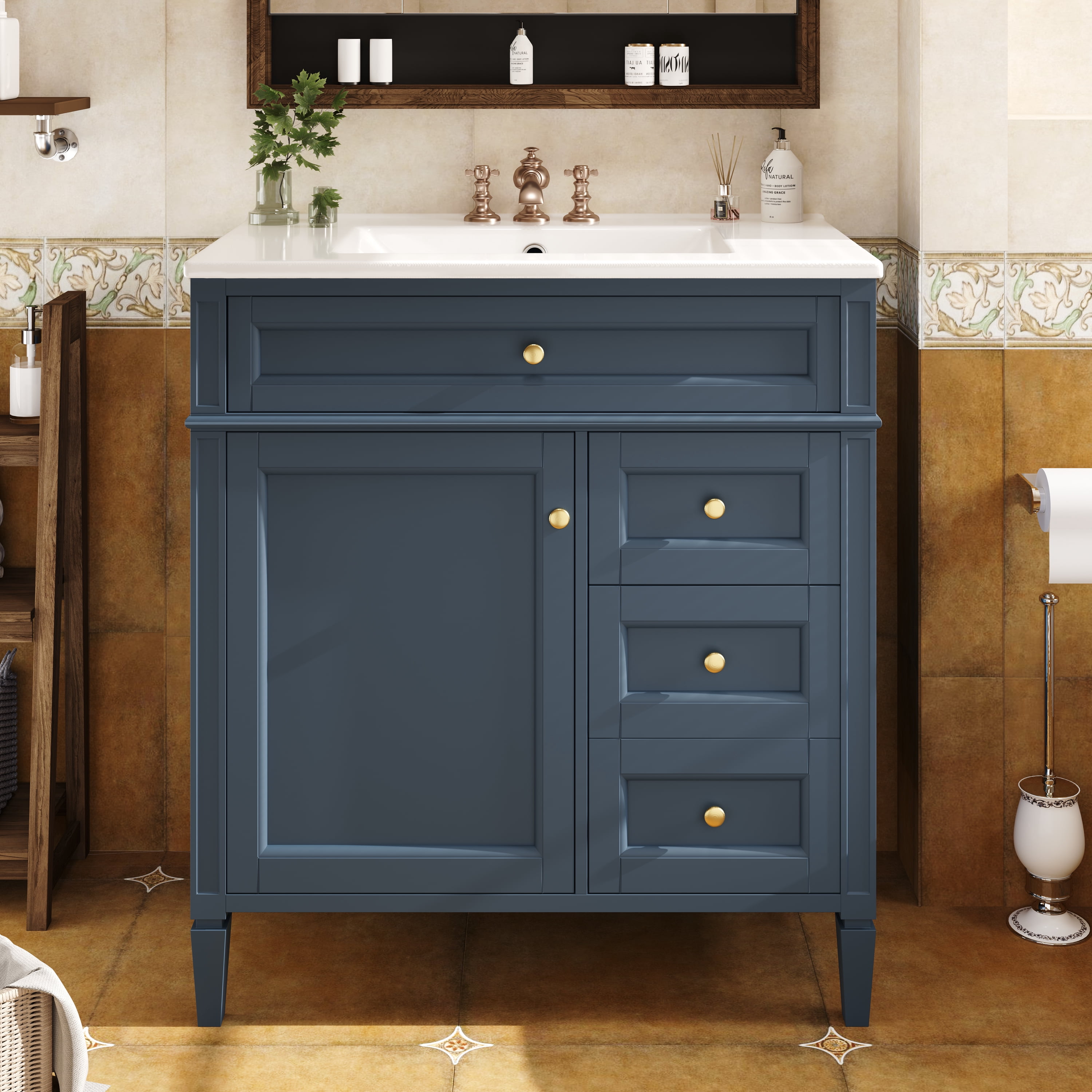 Euroco Modern Bathroom Vanity with Drawers, Cabinet Door Organizer & Tip-Out Tray,Freestanding Storage Cabinet with Sink Compatibility