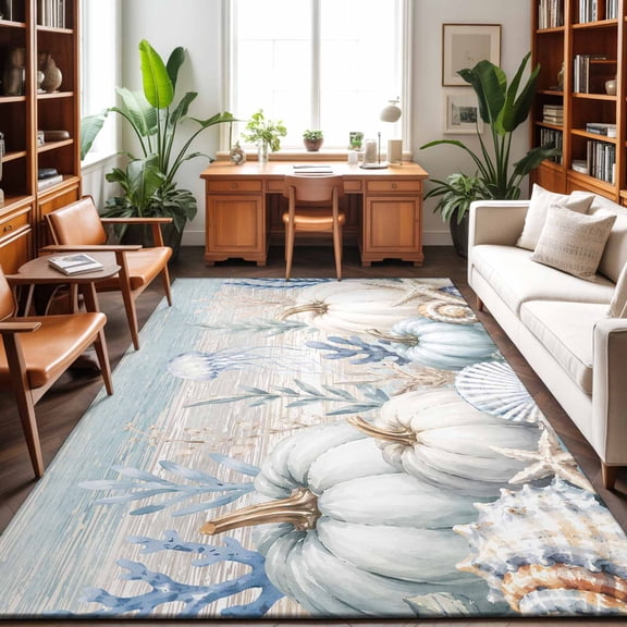5'x7' Area Rugs, Pumpkins Fall Indoor Outdoor Area Rug for Living Room Bedroom, Thanksgiving White Blue Grey Wooden Coastal Washable Bathroom Rugs Kitchen Floor Carpet Mats Home Decor Aesthetic