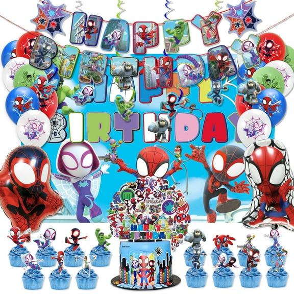 Party Supplies For Spidey Friends 97-Piece Party Kit | Superhero Birthday Decorations with Backdrop, Banner, Foil Balloons, Latex Ballons, Hanging Swirls,  Cupcake Toppers & 51 Stickers