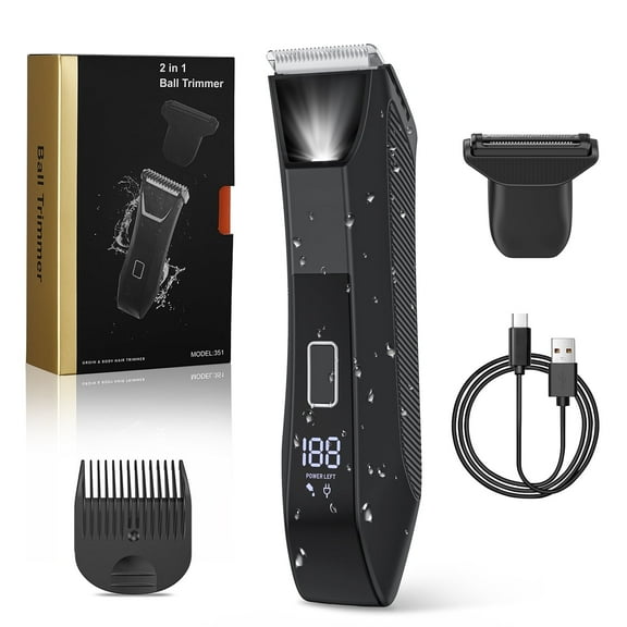2 in 1 Body Hair Trimmer for Men, Ball Trimmer Men with Travel Lock, USB-C Rechargeable, Waterproof Wet/Dry Body Groomer with LED Display