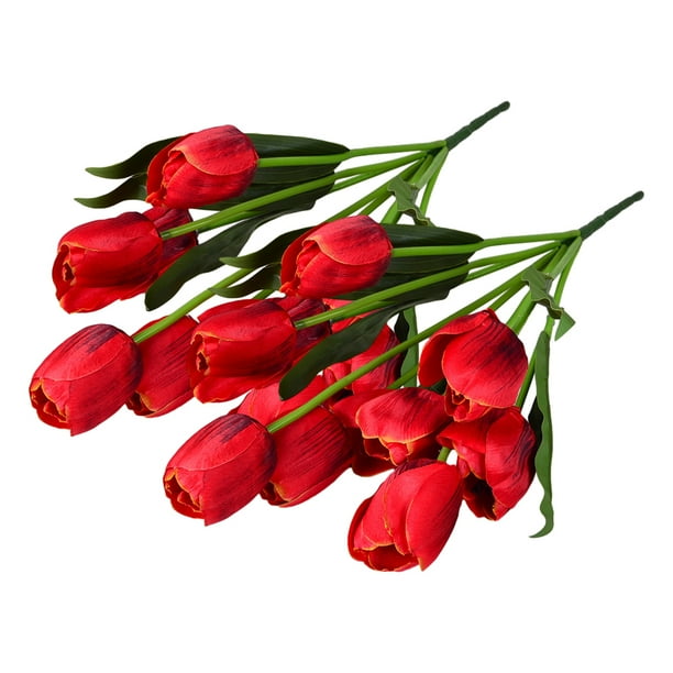 Cateissary Ramo de flores artificiales de 9 cabezas, tulipanes de seda falsos, tacto Real suave, Mini simulación de mano nupcial, flor de Decoración Rojo Claro/Cabeza Grande