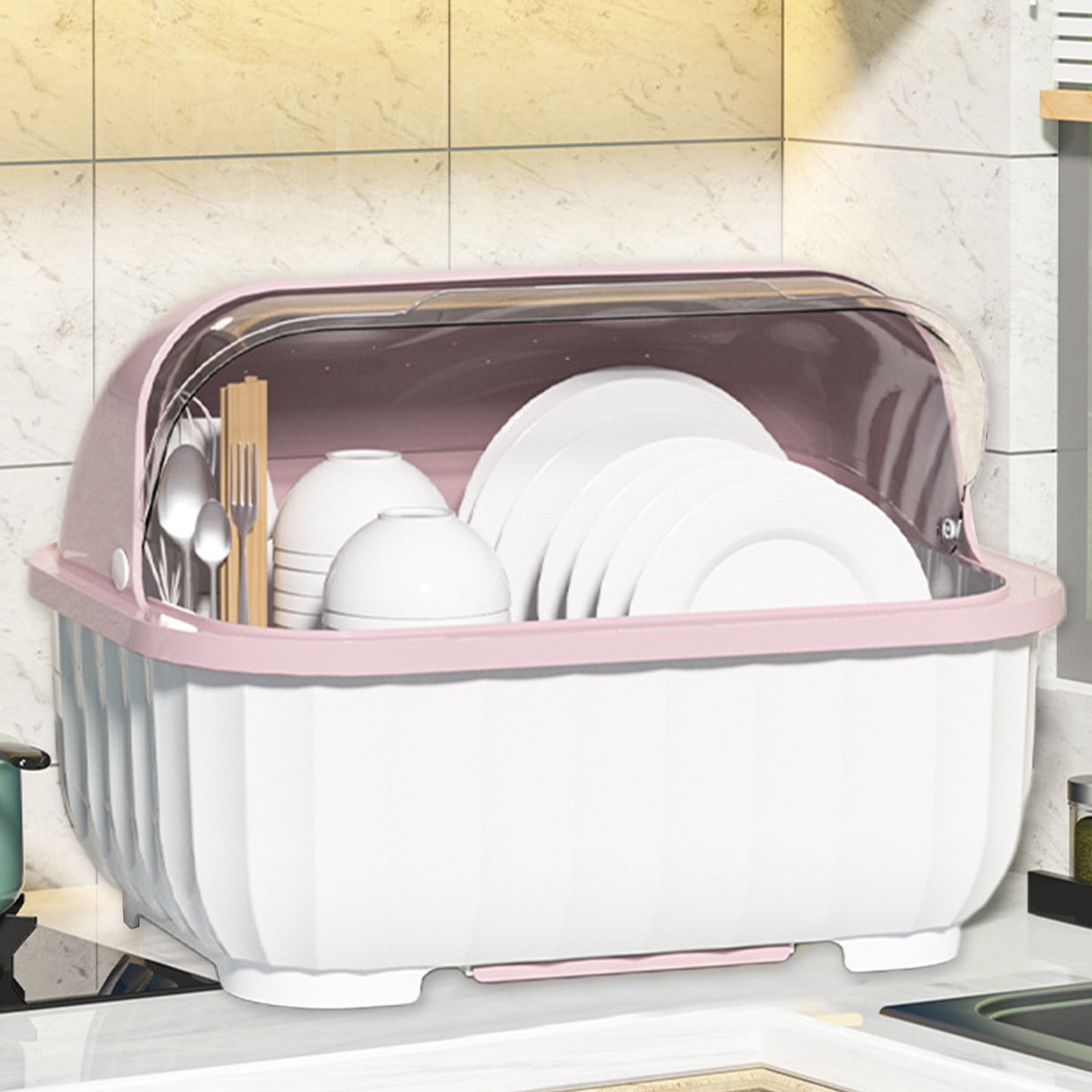 Miogawg Dish Drying Rack, Dish Racks For Kitchen Counter, Drain Board With Lid Cover, Nursing Bottle Holder, Kitchen Plate Cup Tray Cutlery Drainer, Space-Saving Cabinet