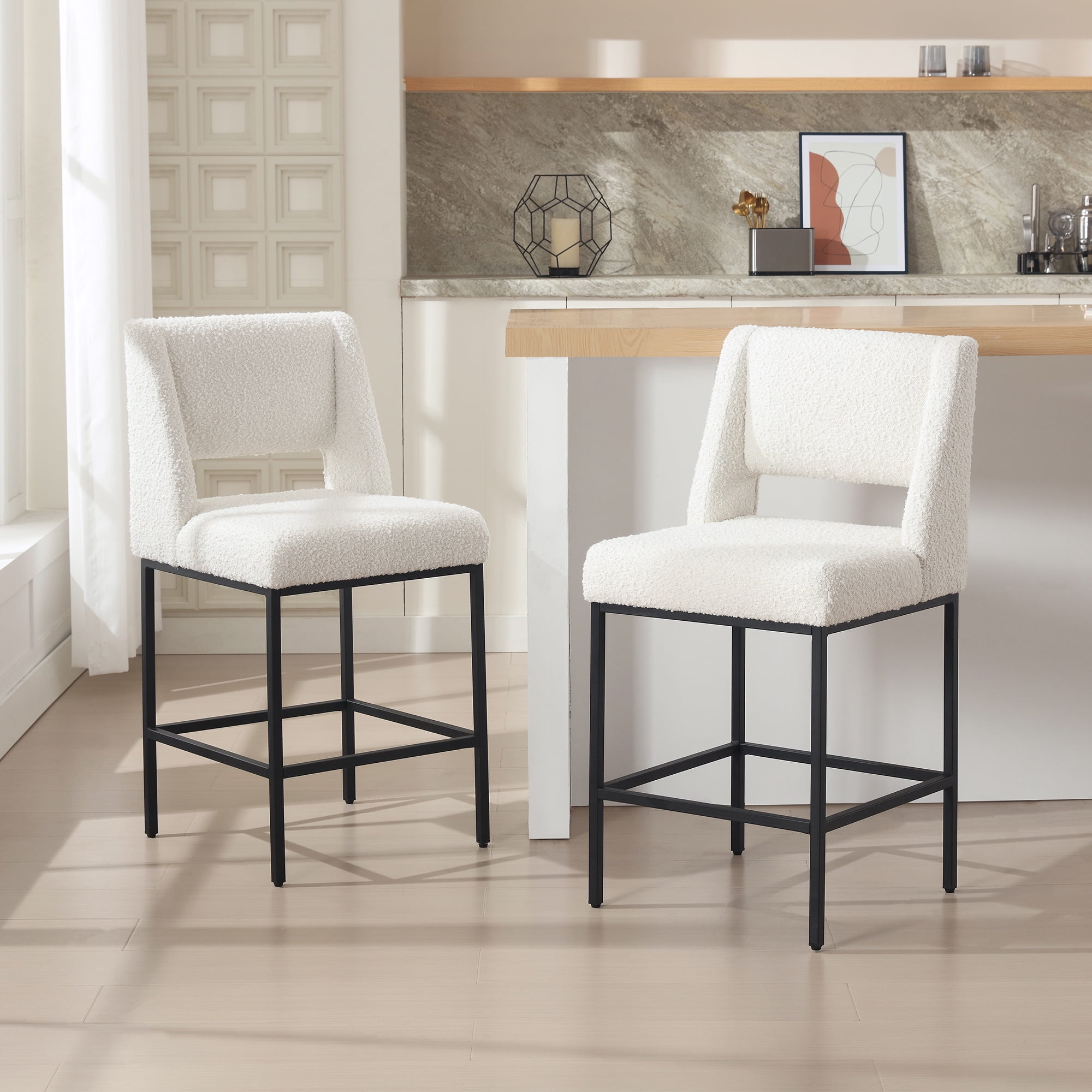 Zesthouse 26.4" Modern Counter Stools Set of 4, Boucle Fabric Bar Stools with Back and Metal Legs, Extra Thick Upholstered Counter Height Chairs for Kitchen Island, White