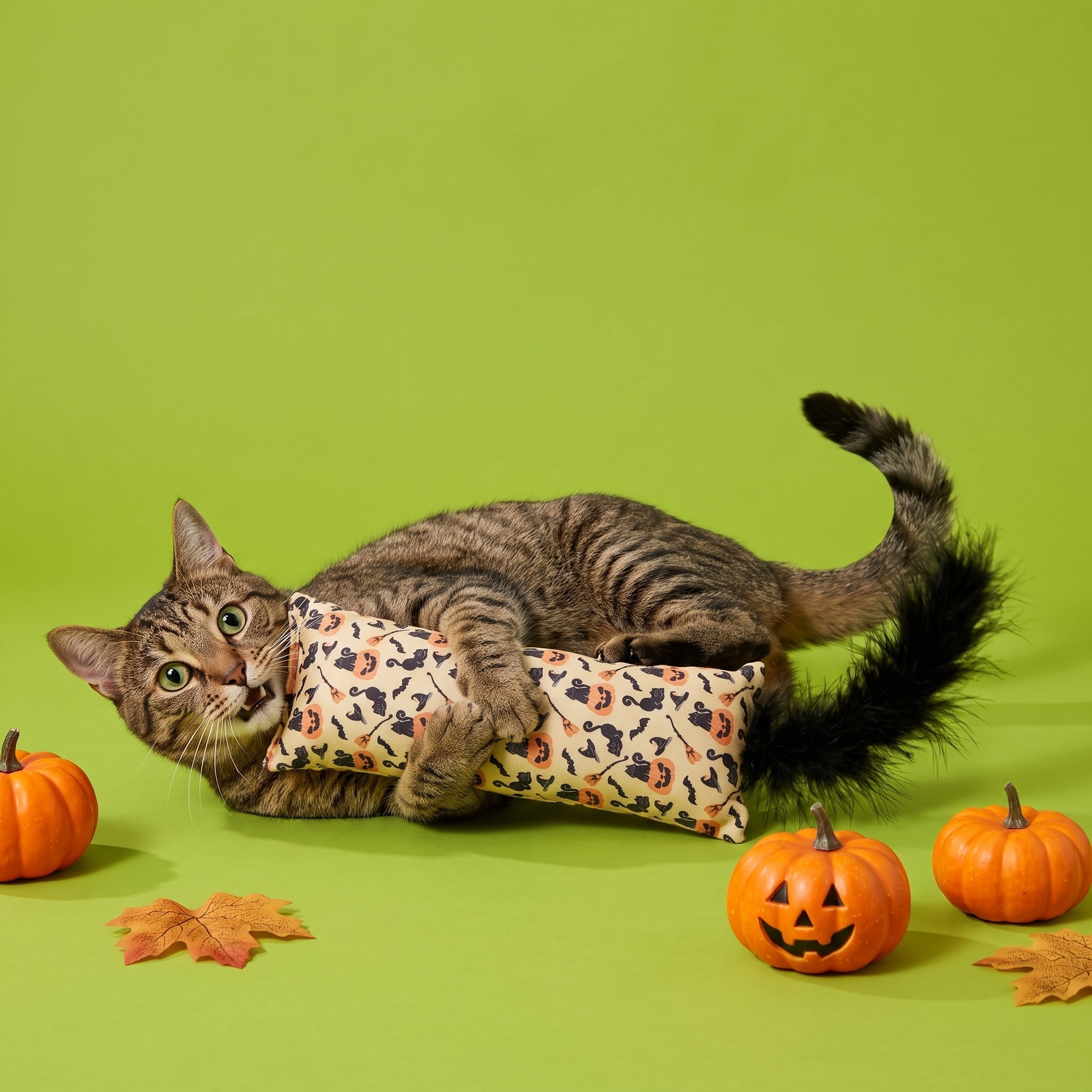 Vibrant Life Halloween Cat Kicker Toy with Feather, Cats and Pumpkins, Orange and Black