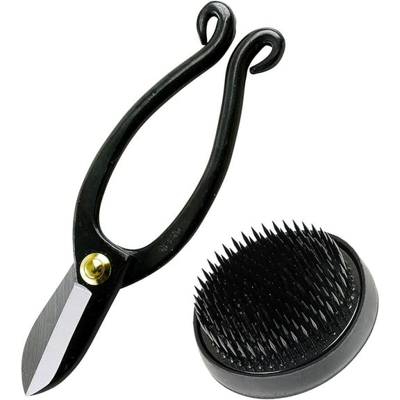 Wazakura Ikebana Tool Kit - Ikenobo Scissors + Black Kenzan Flower Holder 4" Made in Japan