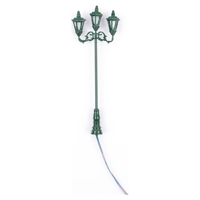 Ounissouiy 1:87 farolas estilo Vintage tren 3 cabezas miniatura DIY de arena luz blanca cálida edificio patio parque jardín Artesanía Verde/Blanco cálido