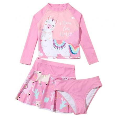 

2-6Y Toddler Girls Rash Guards Swimsuit Long Sleeve Swim Shirts + Bottom + Swim Cover-up Skirts Set Little Girl 3 Pieces Bathing Suits For Swimming Pool Party