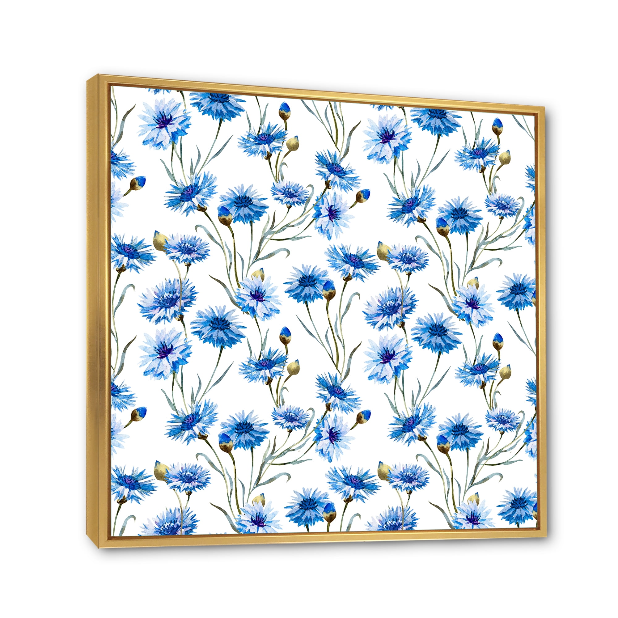 Designart 'Blue Cornflowers With Green Leaves On White II' Traditional Framed Canvas Wall Art Print