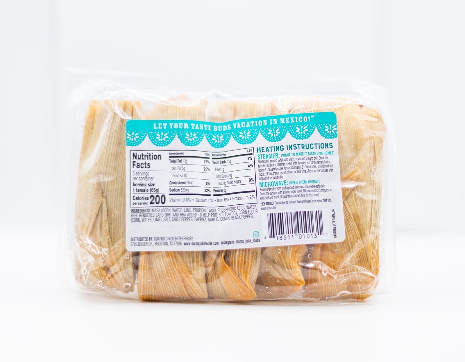 Mama Julia Authentic Beef Tamales with Stone Ground Masa, Hand Wrapped in Corn Husk, Fully Cooked, 5 Pack