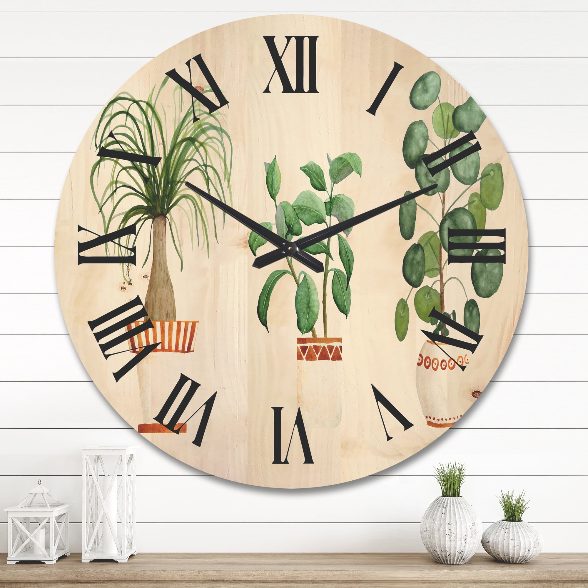 Designart 'Trio of House Plants Ficus Ponytail and Palm' Traditional Wood Wall Clock