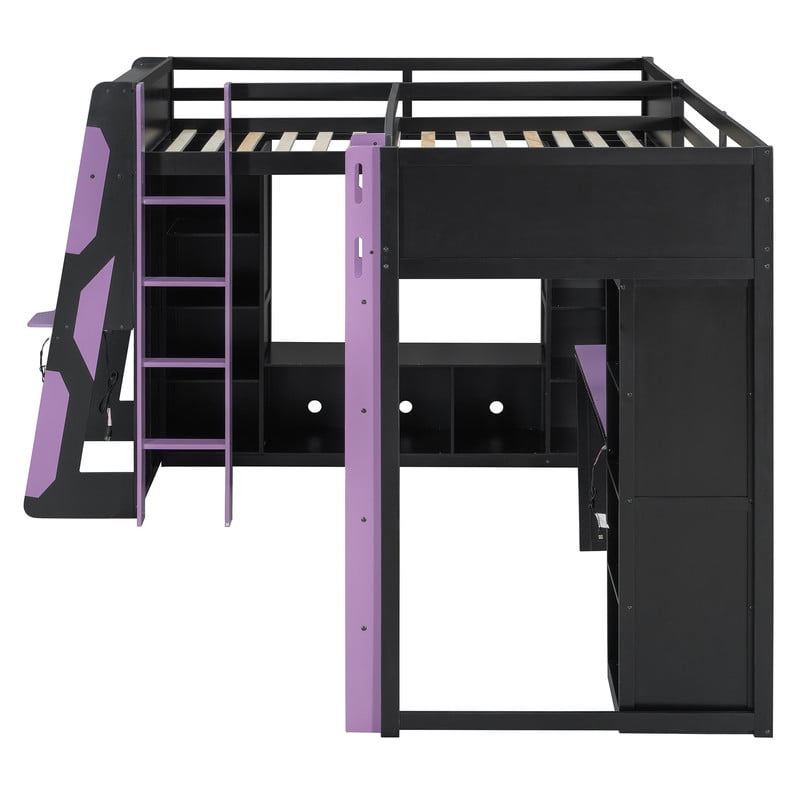 Twin Size L-Shaped Gaming Loft Bed with RGB LED Lights, Dual Twin Beds, USB Charging Ports & TV Stand, Wood Loft Bedframe Playhouse Bed with Storage Shelves & Reversible Layout