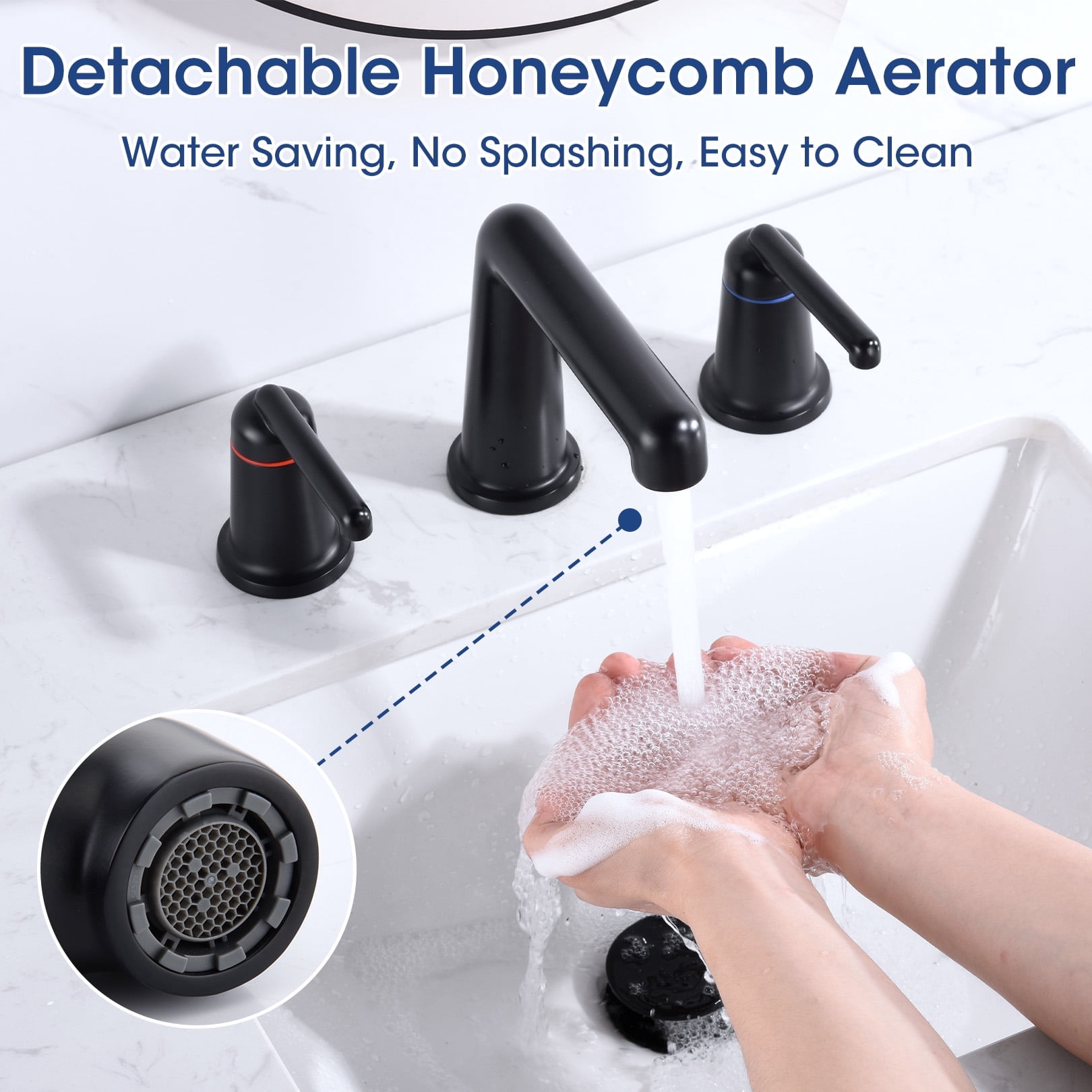 Wowkk 3 Hole Bathroom Faucet 2 Handle Widespread Bathroom Sink Faucet with Pop up Drain and Supply Lines, Brass Vanity Faucet for Rv Farmhouse Lavatory Restroom Sink, Matte Black