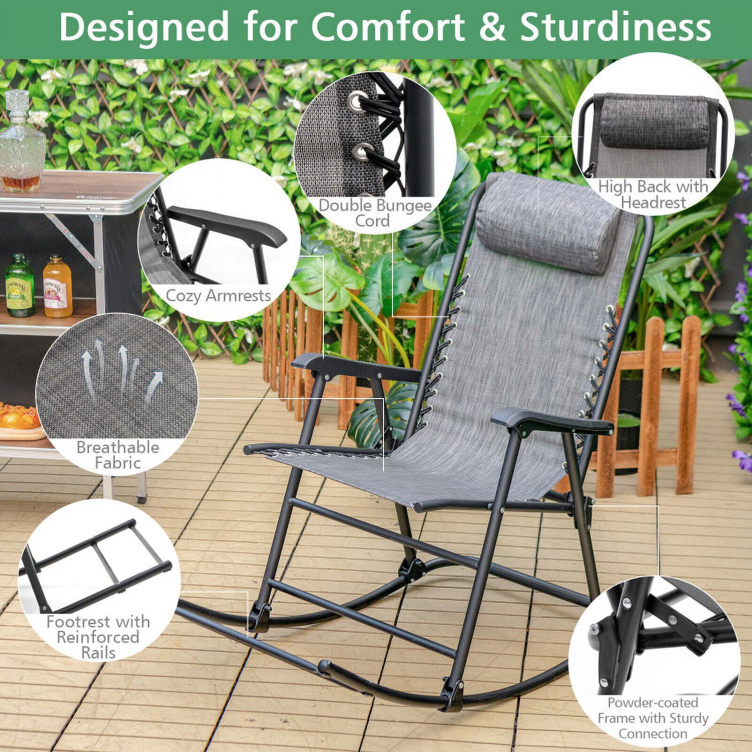 Aimee Lii Outdoor Zero Gravity Rocker for Lawn, Porch, Backyard, Comfortable, Gray