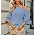 thumbnail image 3 of Blusa de un hombro para mujer, manga 3/4 con Panel de malla, Color puro, blusa informal con correa de Metal para primavera y verano, azul, gris, M, 3 of 8