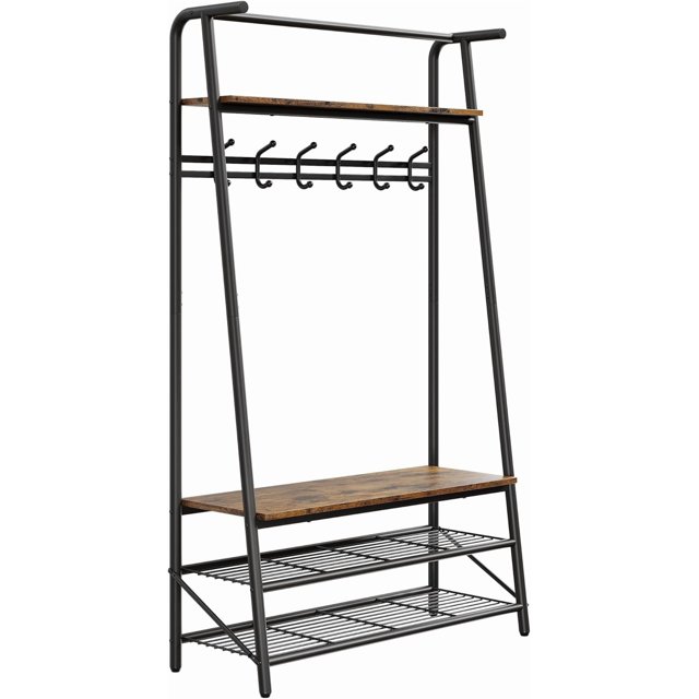 4-Tier Rack,Hall Tree with Bench and Shoe Storage,with 5 Hooks,Shoe Shelves,Freestanding Coat and Shoe Rack Entryway,4-in-1 Wood Coat Stand,for Entryway,Living Room