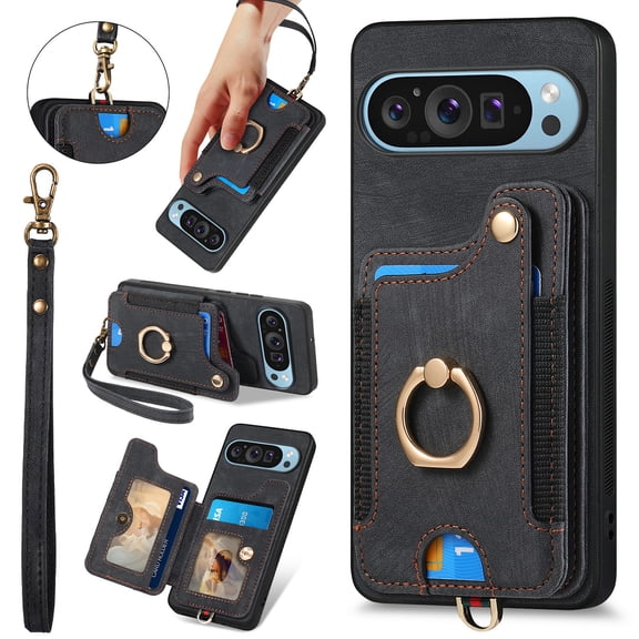 Decase Wallet Case for Google Pixel 10 Pro XL,Shockproof PU Leather Folio Case,RFID Blocking,Ring Holder Kickstand,Detachable Wrist Strap,Black
