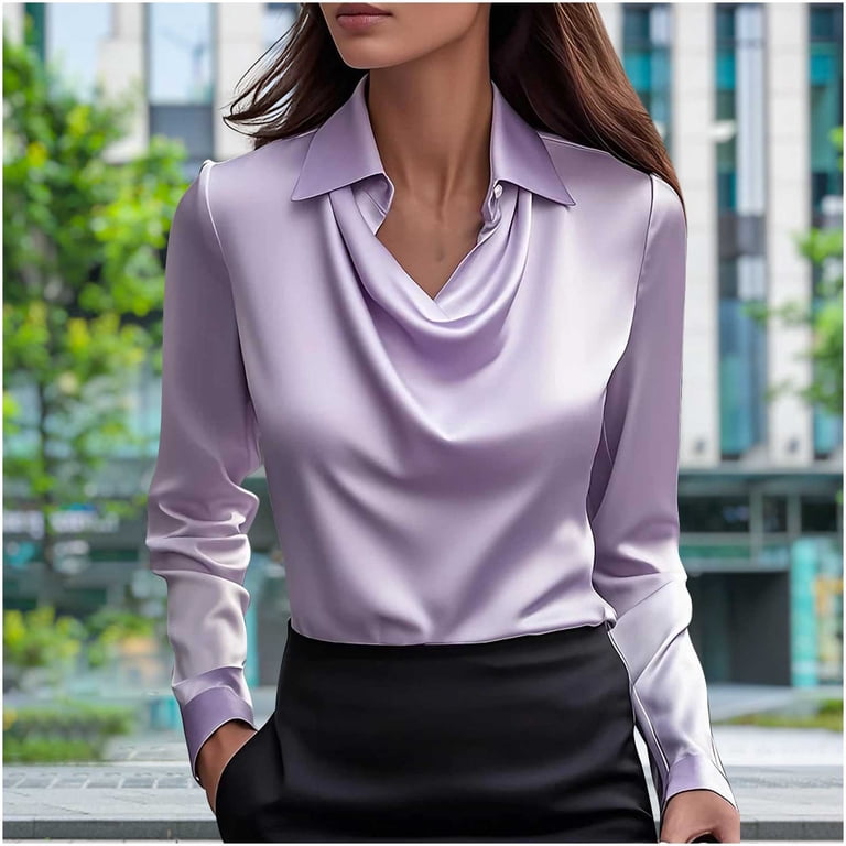 Stamzod Womens Long Sleeve Tops Solid Color Cowl Neck Business Casual Shirts  formal Work Satin Blouses for Women Purple B S - Walmart.com