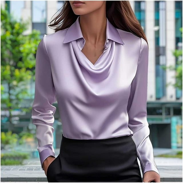 Soki Women's Satin Collar Neck Drape Ruched Front Long Sleeve Blouse Shirt Top