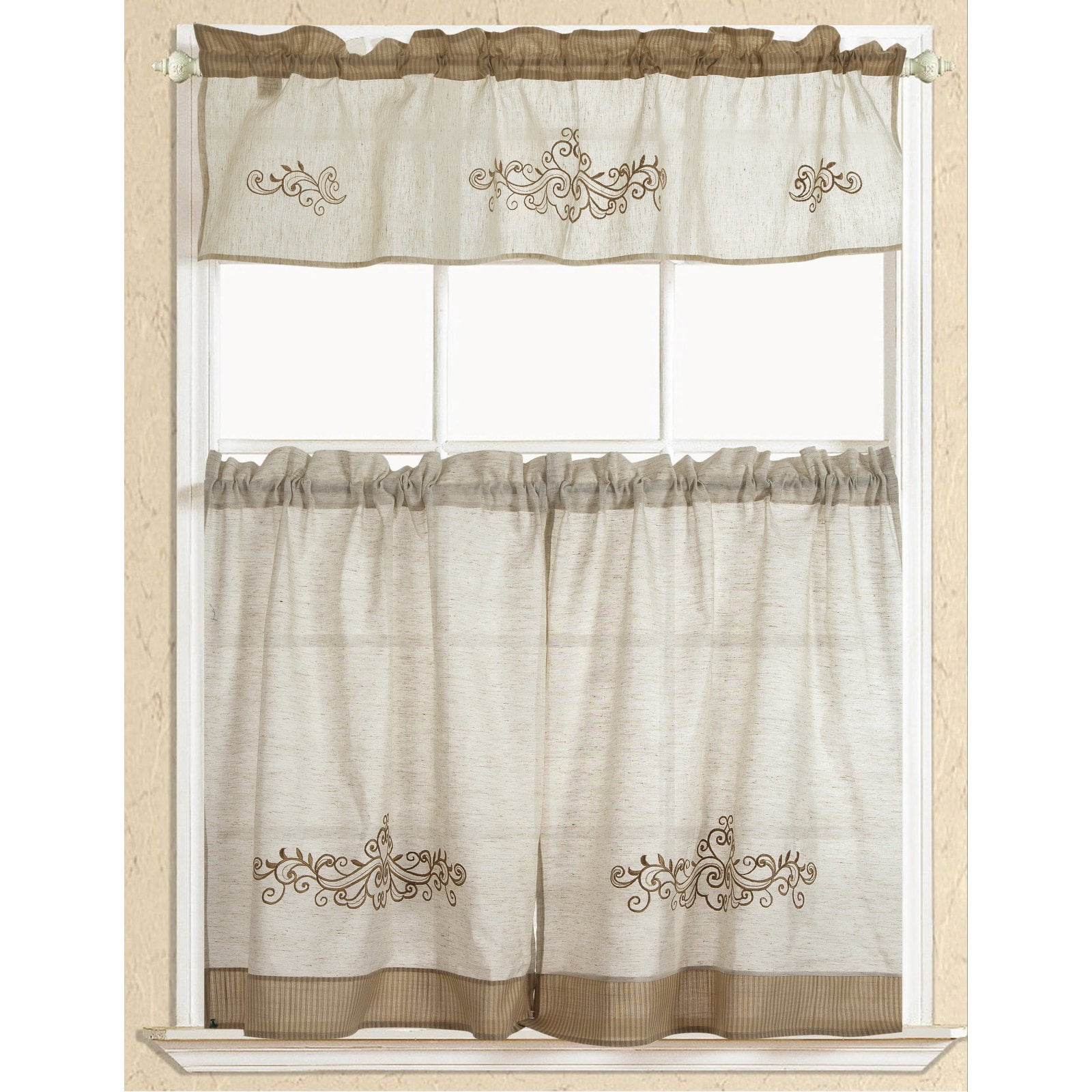 Rustic Embroidered Scroll Tier and Valance Kitchen Curtain Set