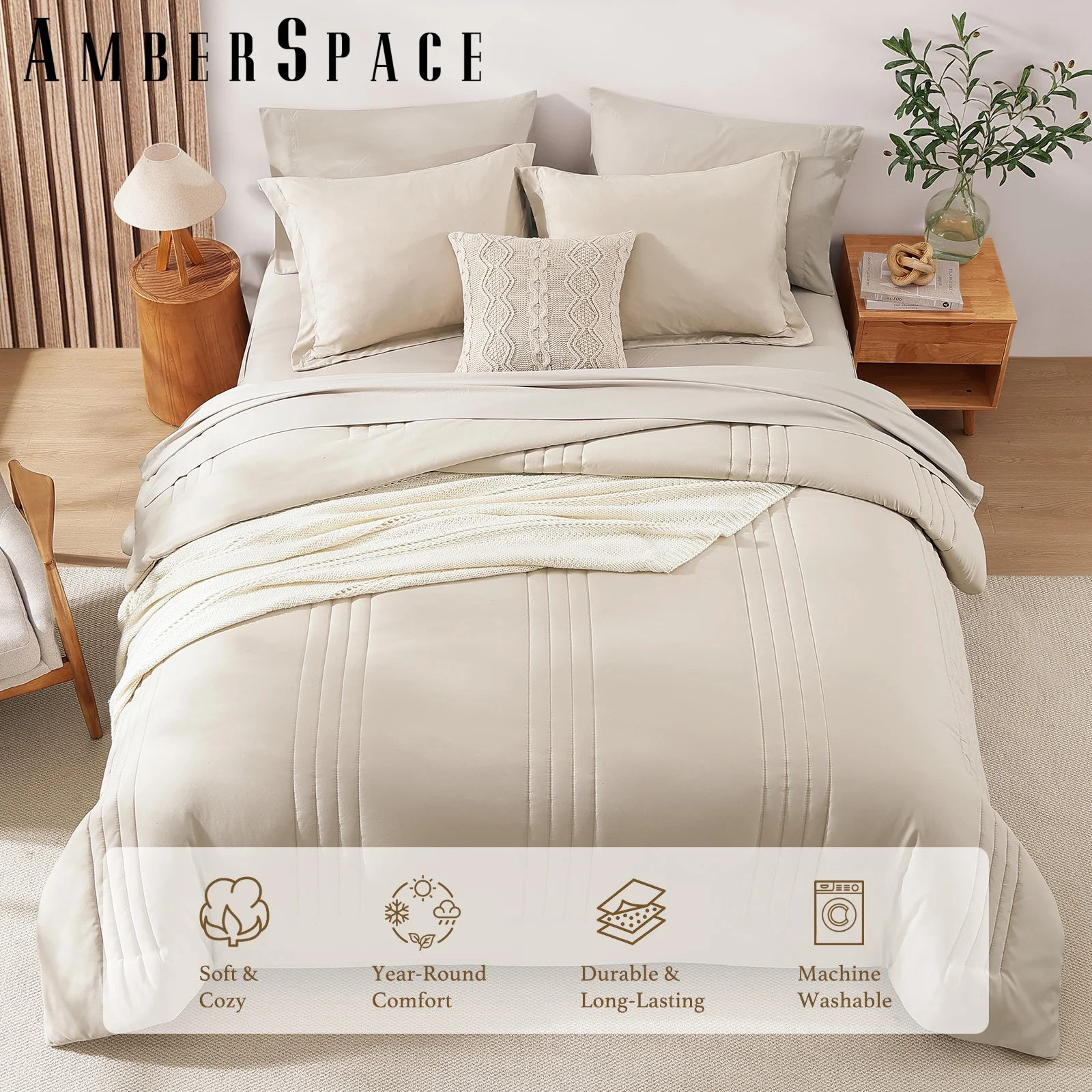 Amberspace 7-piece Bed in a Bag Comforter Set with Sheets,Beige,Queen