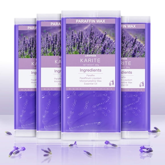 KARITE Bloques de cuentas de cera de parafina con aroma a lavanda, paquete de 4 para baño, manos, pies, piel seca, hidratación y nutrición