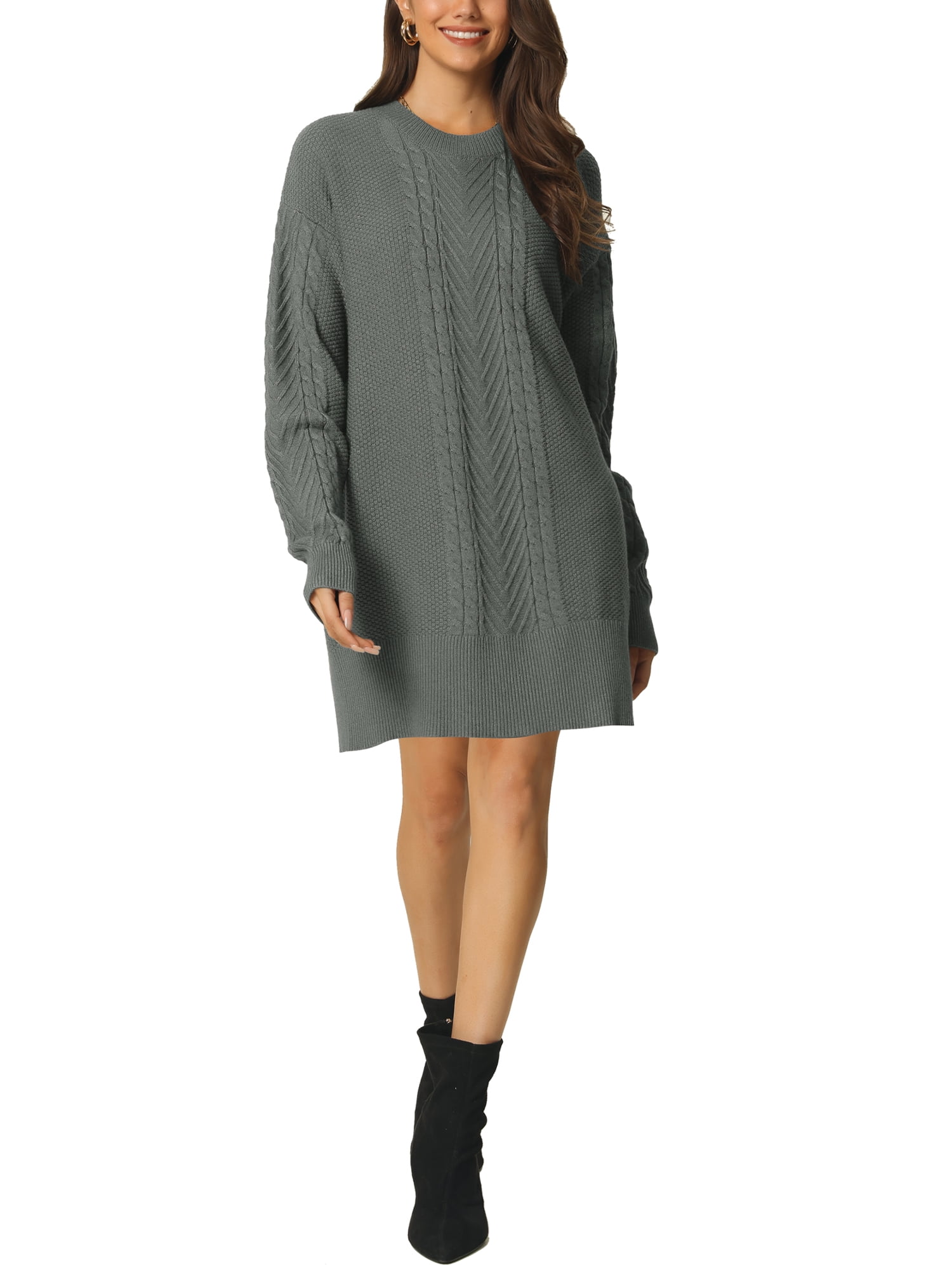 Unique Bargains Womens' Textured Long Sleeve Above Knee Casual Sweater Dress M Grey
