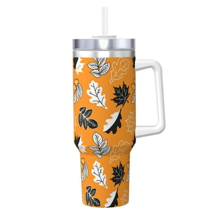 

Salouo Bold Black and White Leaves Orange for 40oz Water Bottle with Handle & Flip Straw - Stainless Steel Vacuum Insulated Tumbler-Reusable Travel Coffee Mug- Gifts for Women & Men