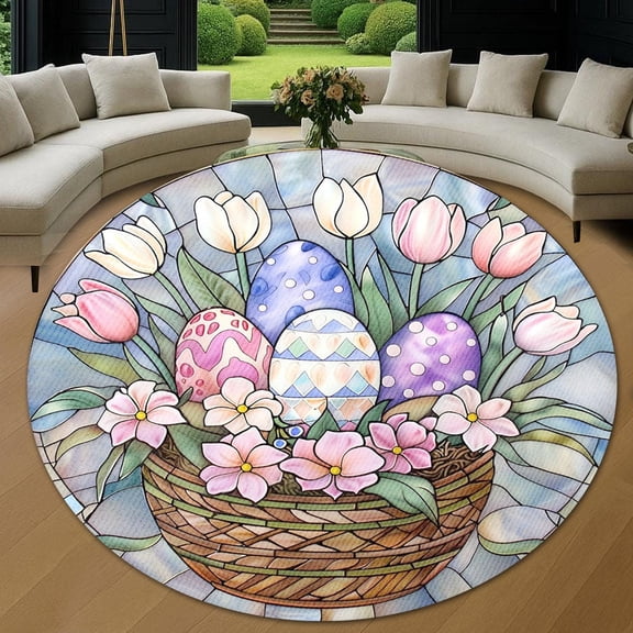 Round Area Rug, Easter Egg Basket6 Non-Slip Floor Mat, Soft Washable Carpet for Living Room Bedroom Decor 24 Inch