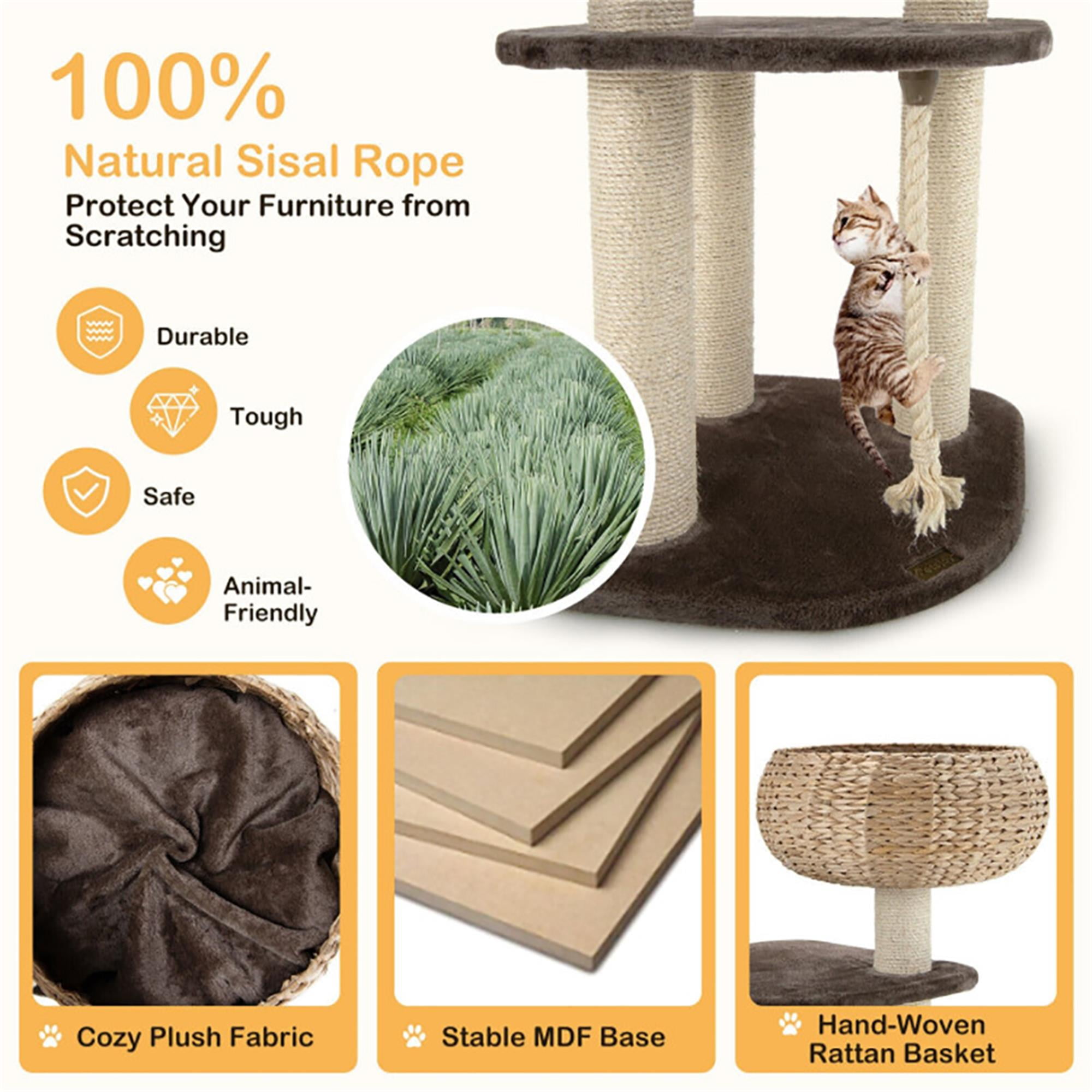 Kadyn 41" Rattan Cat Tree Indoor Climbing Activity Tower with Scratching Posts, Napping Perch, Brown