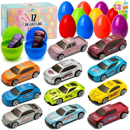 JOYIN 12 Pcs Die-Cast Car Filled Big Easter Eggs, Bright Colorful Prefilled Plastic Eggs with Different Die-cast Cars for Kids Boys Egg Hunt, Basket Stuffers and Party Favors