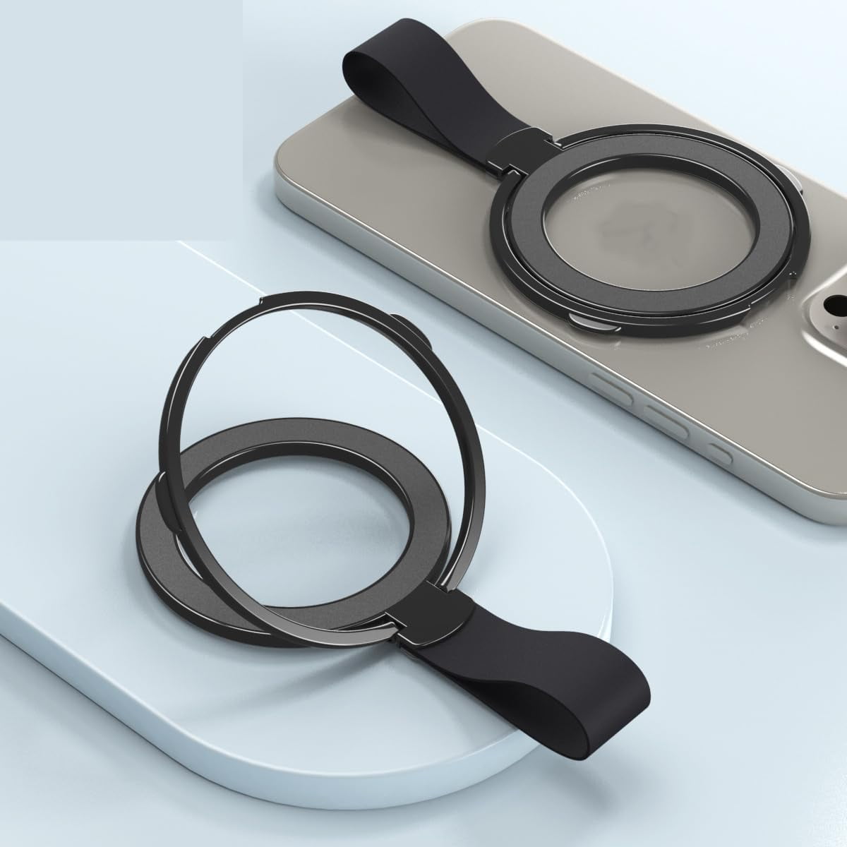Magnetic Mobile Phone Ring, Silicone Lanyard Ring Buckle Holder, Magnetic Mobile Phone Ring, Ultra-Thin Folding Desktop Stand with a Ring, for All Mobile Phones (Black Ring + Black Rope)