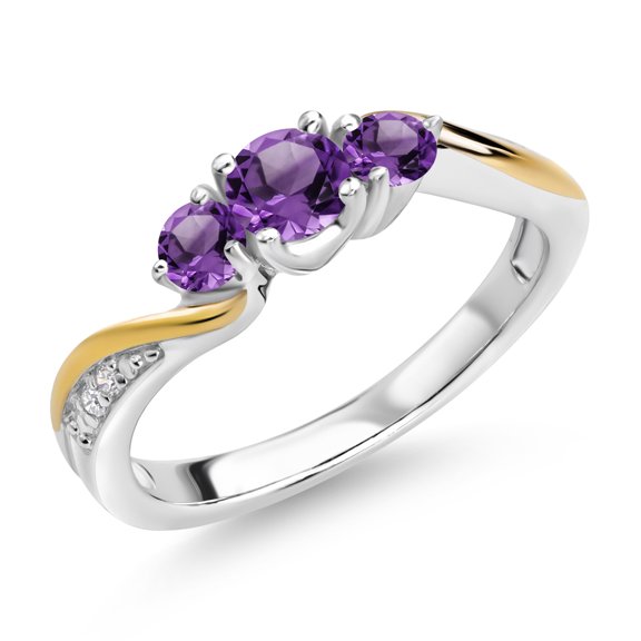 Gem Stone King 925 Sterling Silver and 10K Yellow Gold Purple Amethyst and White Lab Grown Diamond 3 Stone Engagement Ring for Women (0.48 Cttw, Gemstone February Birthstone, Size 7)