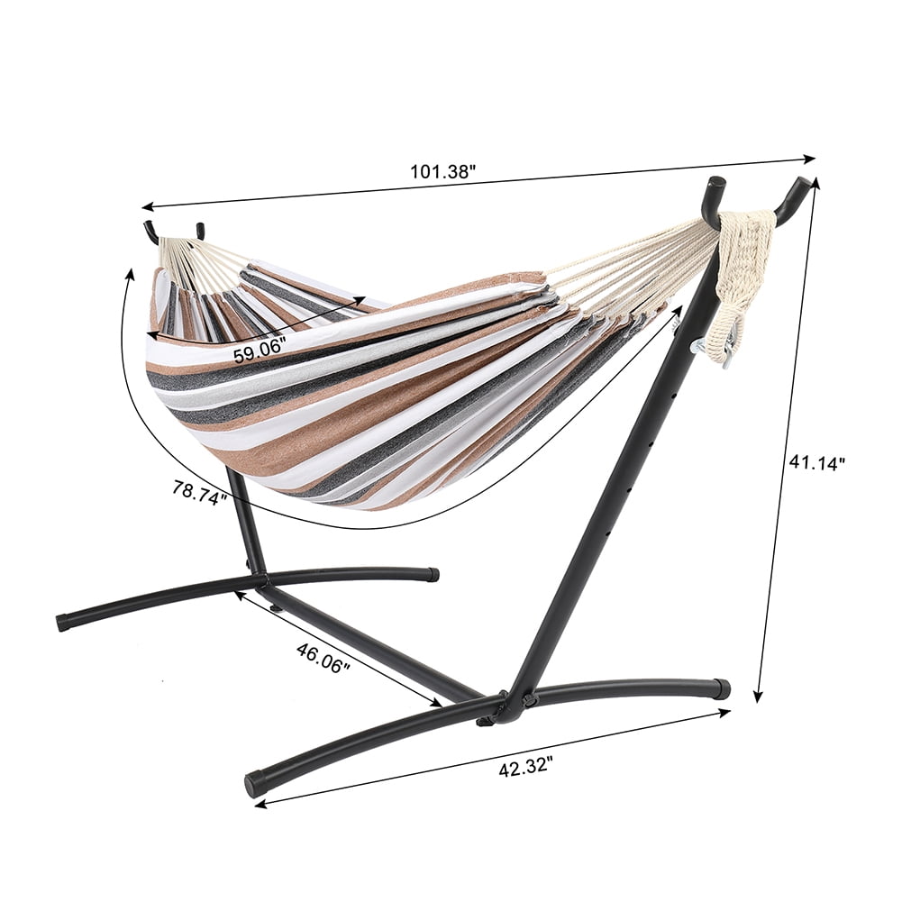Private Jungle 9ft Steel Pipe Hammock Frame with Cotton Hammock, Natural Rope Iron Hammock Set For Garden, Outdoor, Coffee Private Jungle 9ft Steel Pipe Hammock Frame with Cotton Hammock, Natural Rope Iron Hammock Set For Garden, Outdoor, Coffee