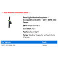 thumbnail image 2 of Rear Right Window Regulator - Compatible with 2007 - 2011 BMW 335i Sedan 2008 2009 2010, 2 of 2
