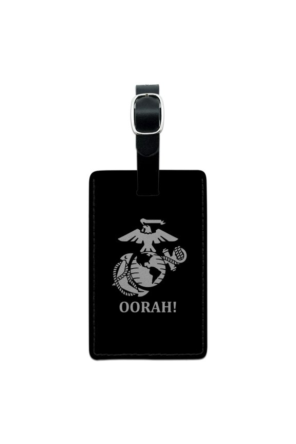 Oorah! USMC Marine Corps White on Black Officially Licensed Rectangle Leather Luggage Card Suitcase Carry-On ID Tag