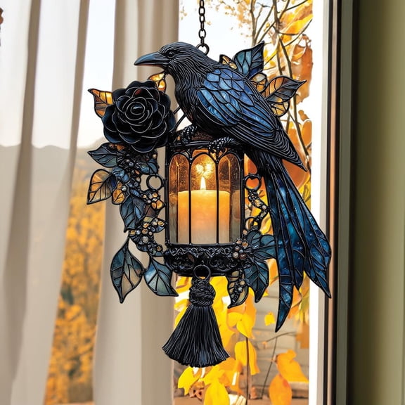 Raven And Black Roses Latern Acrylic Window Hanging - Lantern Acrylic Suncatcher With Tassels - Gothic Witchy Gift For Her