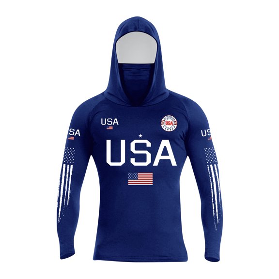 250th Anniversary USA Shirt for Men UPF 50 American Flag Long Sleeve Shirts Rash Guard Sun Protection Hoodie with Mask