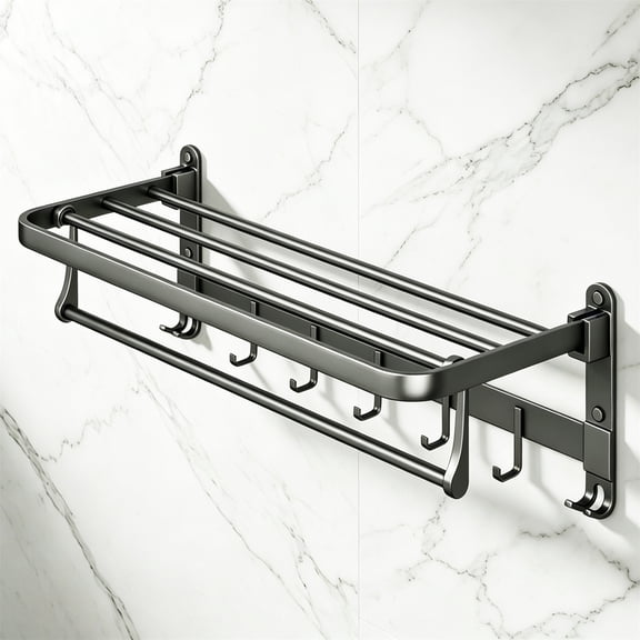 cisilov Bathroom Towel Rack, 90° Rotatable Aluminum Towel Bar with Shelf & Hooks, Wall Mount Towel Holder for Shower Toilet Hotel