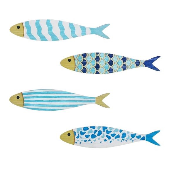 OIUR 4 Pcs Wooden Fish Wall Decor Nautical Coastal Wall Art Blue Fish Wall Sculpture Lake House Hanging Decor for Bathroom Bedroom