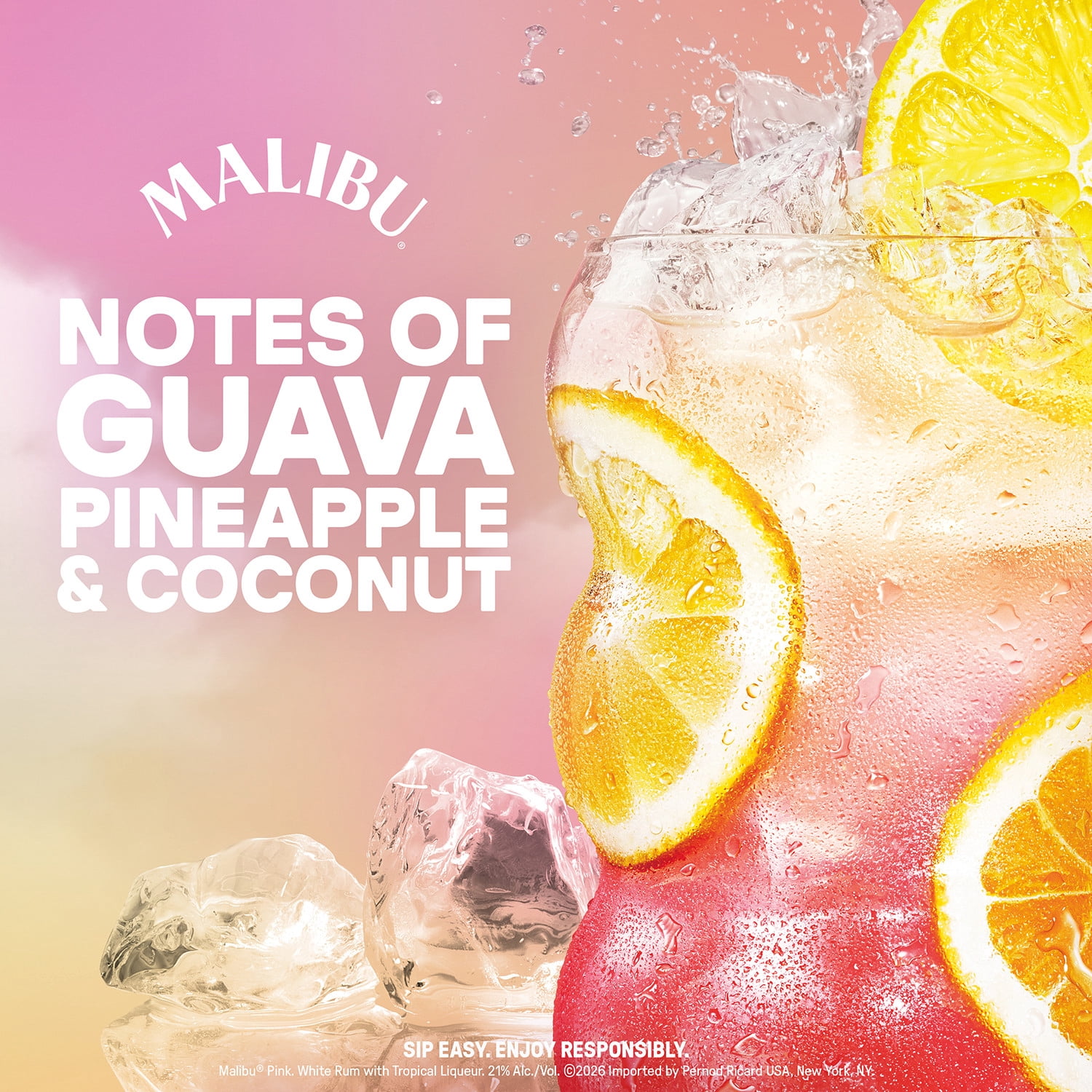 Malibu Pink White Rum with Tropical Liqueur, 750 ml Bottle, 42 Proof