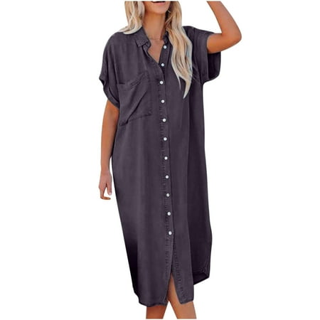

Dress Shirts for Women Fashion Casual Lapel Solid Color Short Sleeve Shirt Dress Denim Dress Dark Gray L