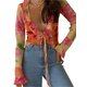thumbnail image 4 of VISgogo Cárdigan transparente para mujer, blusas cortas con lazo y escote pronunciado con estampado floral naranja VISgogo  moda, 4 of 9
