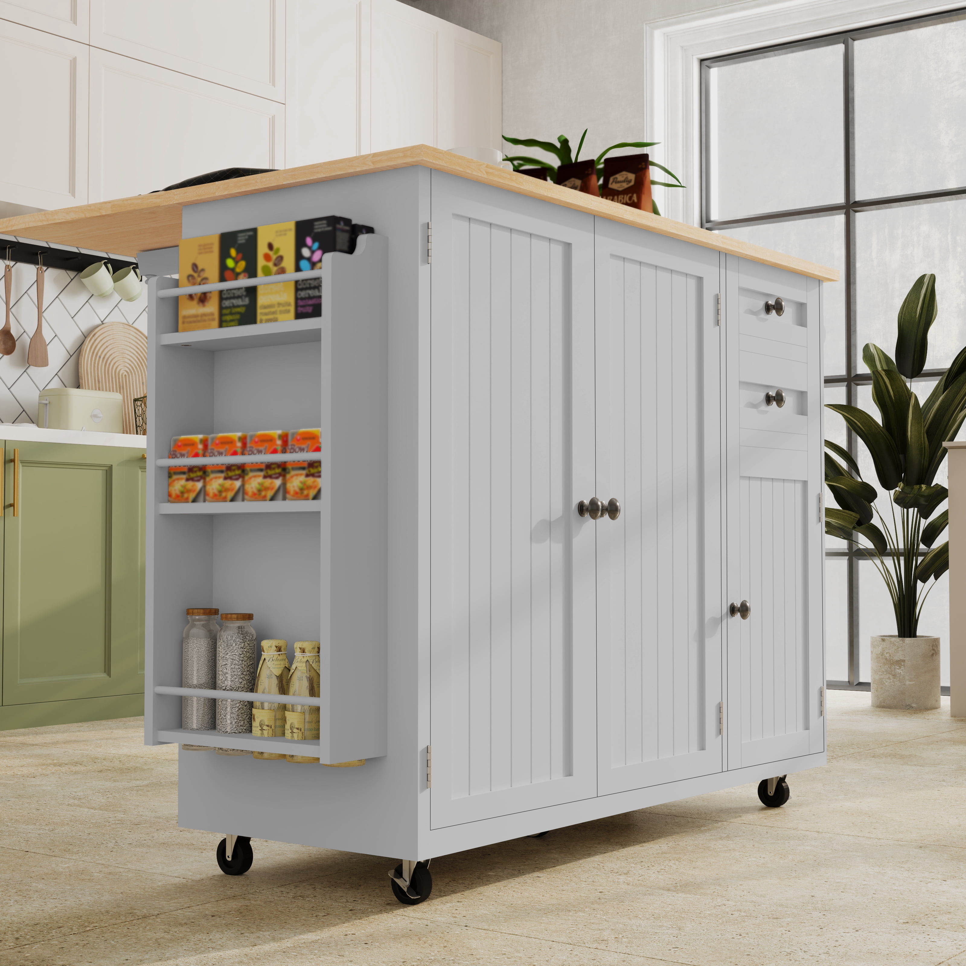50.4" Kitchen Island with Storage,  Expandable Solid Wood Top Cart with Drop Leaf and Wheels, White